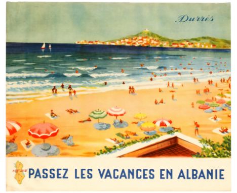 Original vintage travel poster published in French by Albturist, the Albanian National Tourist Department, to promote the coa