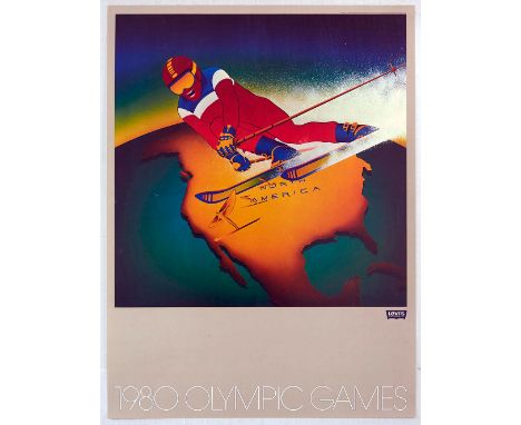 Original vintage sport poster published by Levi Strauss for the 1980 Moscow Summer Olympic Games featuring a great artwork de