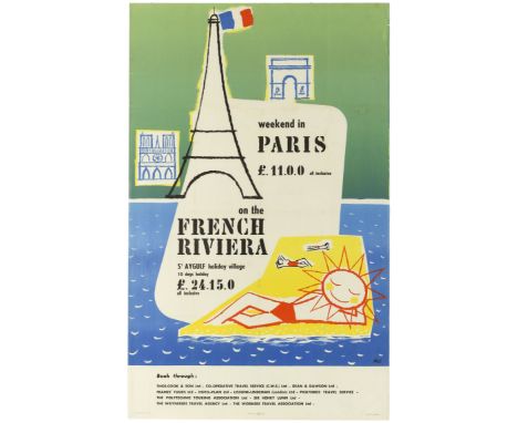 Original vintage travel poster: Weekend in Paris - Holidays on the French Riviera. Poster published to promote organised holi