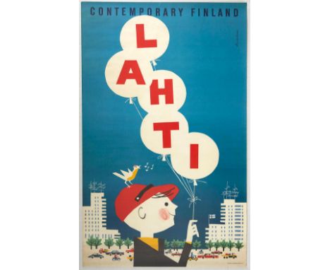 Original vintage travel advertising poster for Lahti, a city and municipality situated on a bay at the southern end of lake V