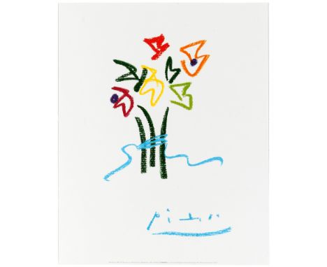 Commercial art print of a Picasso's colourful line drawing of a bunch of flowers on a white background. Issued by Nouvelle Im