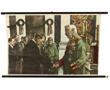 Original vintage school mural Nazi propaganda poster entitled The Day of Potsdam (Der Tag von Potsdam). It shows the Reich Pr