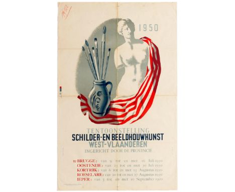 Original vintage advertising poster for an exhibition of paintings and sculptures in the West Flanders region in 1950. West F