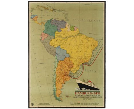 Original vintage travel advertising poster published by the Hamburg-South American Steamship Company (Hamburg-Südamerikanisch