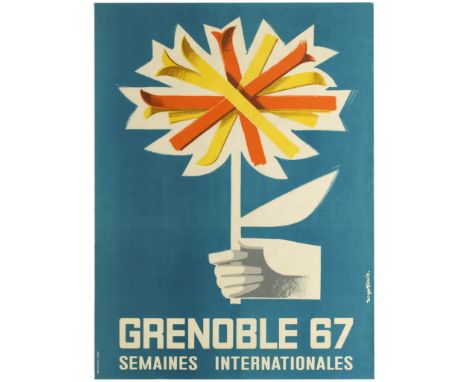 Original vintage event advertising poster for Grenoble in 1967. Roger David’s simple and striking design depicts a hand holdi