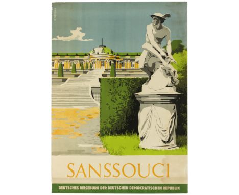 Original vintage travel advertising poster published by the travel agency for the German Democratic Republic to promote the S