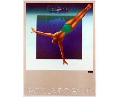 Original vintage sport poster published by Levi Strauss for the 1980 Moscow Summer Olympic Games featuring a stylised artwork