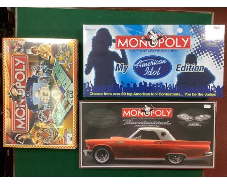 Three Monopoly Board Games comprising of DESI Edition, Thunderbird 50th Anniversary, My American Idol Edition, all boxed and 