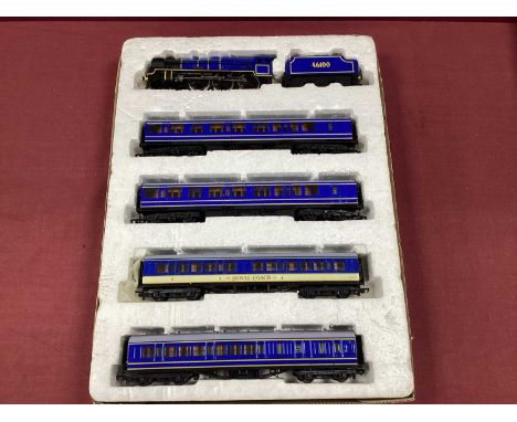A Vintage Special Edition Bachmann OO Royal Scot train pack in blue livery, with locomotive and four carriages, locomotive is
