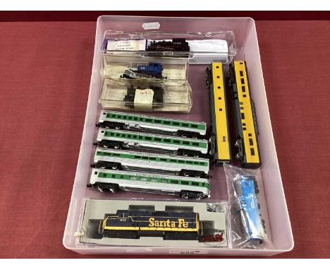 A quantity of American outline N Gauge locomotives and rolling stock, including three boxed 0-6-0 Tank Engine (two by Model P