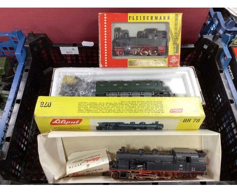 Three boxed HO scale European outline locomotives, including Lilliput German BR78 4-6-4T (box poor), Lilliput Swiss Ae4/7 2D1
