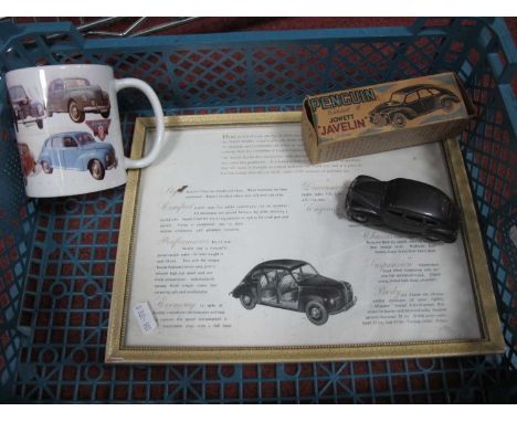 A 1:43 Scale Jowett Javelin, by Lansdowne Models (missing tyre) and associated print and mug. Plus a Penguin plastic Jowett J