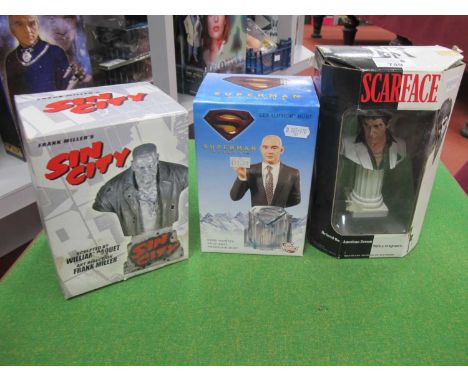 Three Boxed Film/Comic Themed Porcelain/Resin Character Busts Comprising of Mezco Scarface, DC Direct Superman Returns Lex Lu