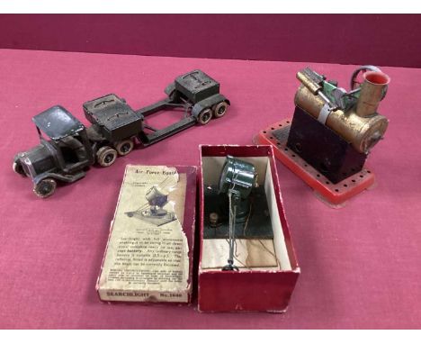 A Britains No 1640 Air Force Searchlight, boxed, a pre-war Britains articulated military lorry, playworn, missing parts and a