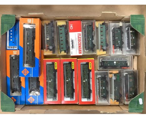 Nineteen Boxed HO gauge Four Wheel coaches by Roco, Marklin, Trix, and Fleischmann, all in DB Green livery