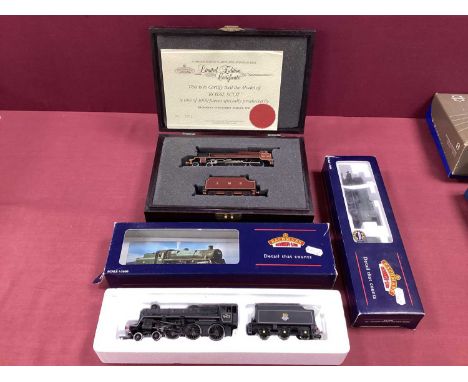 Three Boxed Bachmann OO Gauge Steam locomotives, including BR Standard 4MT 4-6-0, GWR Collett 0-6-0 No 3202, and Limited Edit