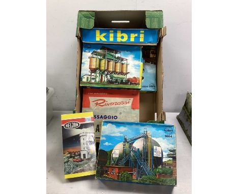 Seven HO scale European outline building kits, by Kilbride, Rivarossi and Heljan including Esso Gas Terminal, Cement Loading 