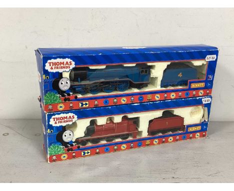 Two boxed Hornby "Thomas and Friends" 00 gauge locomotives "No 5 James The Red Engine" and "No 4 Gordon the Blue Engine" both