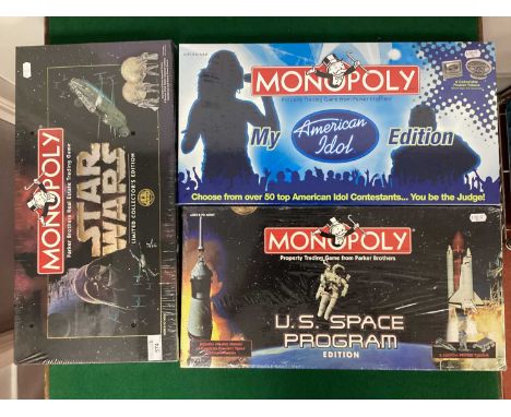 Three Parker Brothers Monopoly Board Games comprising of Star Wars Limited Collectors Edition, My American Idol Edition, both