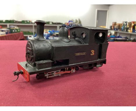 A scratchbkit-built On30 0-4-2 Tank engine on a Fleischmann 0-4-0 chassis, named and numbered "Quicksilver 3", fitted with Ka