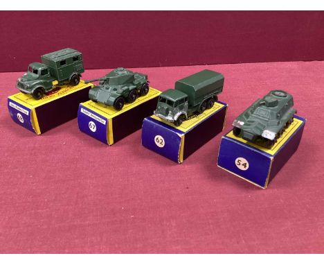 Four Moko Lesney Matchbox 1075, all with a Military theme. No 68 Army Wireless Truck, No 67 Saladin Armoured Car, No 62 Gener