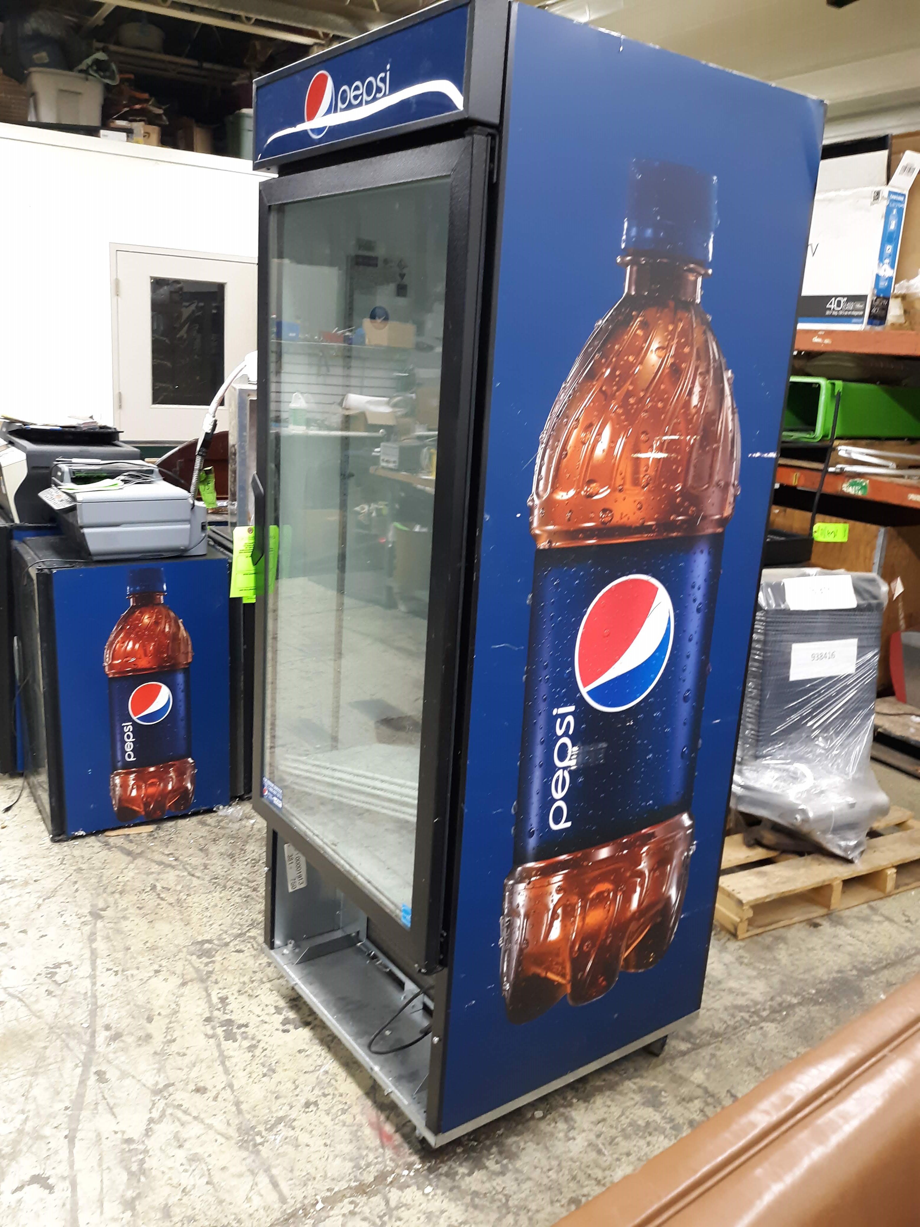 PEPSI FRIGOGLASS REFRIGERATOR ON ROLLERS MODELMC75DV2 APPROX. SIZE 29