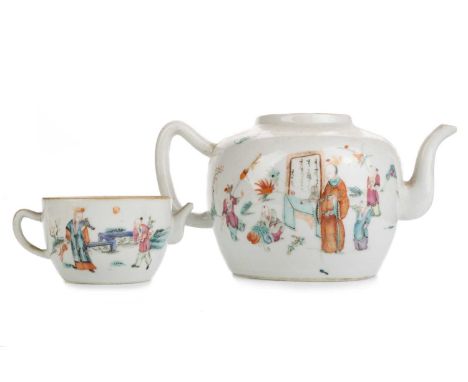 TWO CHINESE TEAPOTS, LATE 19TH/EARLY 20TH CENTURY   each decorated with a garden setting showing children playing with a lady