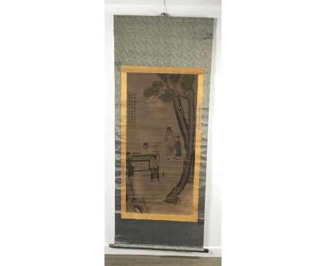 AFTER YU XING (1692 - 1767), FIGURAL SCROLL, 20TH CENTURY   ink and colour on paper, depicting three figures in a naturalisic