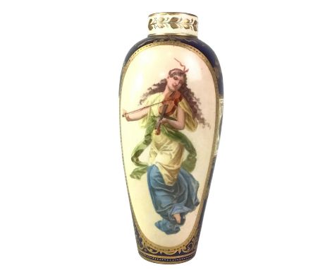 AUSTRIAN VIENNA STYLE VASE, AND OTHER CERAMICS the Vienna style vase depicting a female violinist within gilt and blue, along