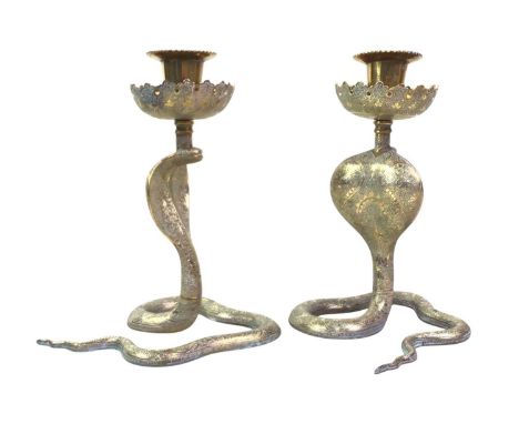 PAIR OF BRASS ZOOMORPHIC CANDLESTICKS, ALONG WITH FURTHER ITEMS the candlesticks likely Indian and modelled as cobras, along 