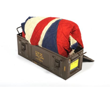 A military trunk with a large Ensign Naval St George and Union Jack flag. 725cm x 350cm Condition Report: This is one large f