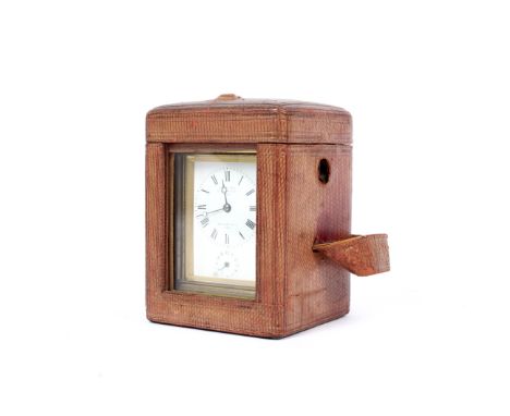 A late 19th century Leroy &amp; Fils (Paris &amp; London) brass striking carriage alarm clock. The white enamelled dial with 