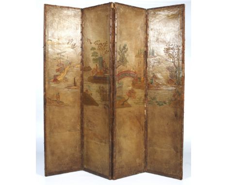 A Chinese four fold leather screen. One side decorated with traditional figures and a landscape scene, the other covered in f