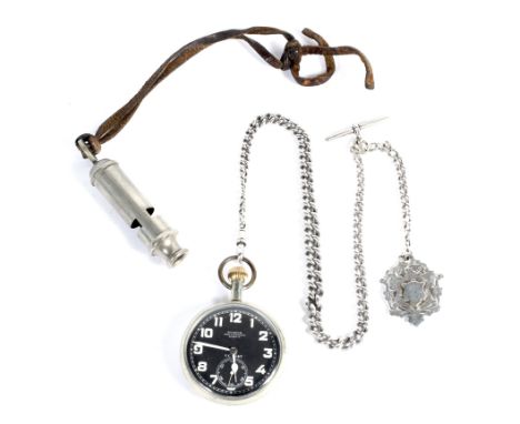 A WWI RFC-RAF 30 hour pocket watch and Albert chain together with a ACME Pocket Whistle. The watch marked 30 Hour Non Luminou