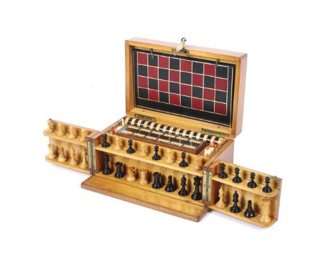 A wooden boxed compendium of games, perhaps by FH Ayres, late Victorian or Edwardian. The lockable box with hinged lid and fo