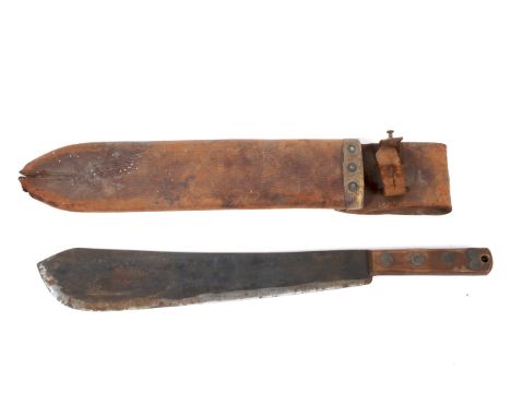 A WWI British Army issue machete. 37cm blade, stamped 'Sheffield 1918', with leather scabbard