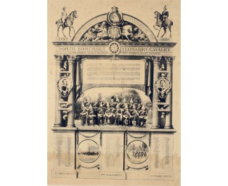 A framed 19th century print to Commemorate the Centenary of the North Somerset Yeomanry Cavalry, 1797-1897. Featuring a group