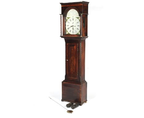 An early 19th century mahogany longcase clock by John Russell of Falkirk. The arched white painted dial with Roman numerals a