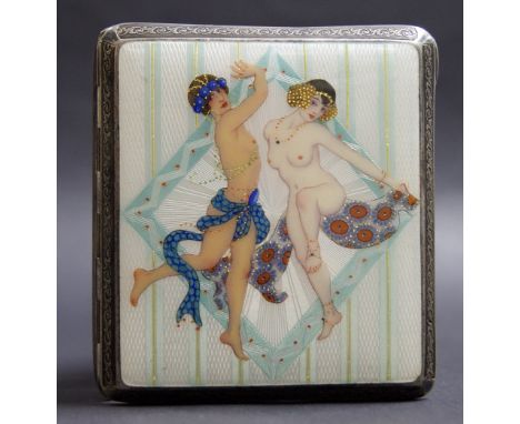 .935 Silver Art Deco cigarette case, with large enamelled panel in the Egyptian Revival Style, of two nude 'Flapper' girl dan