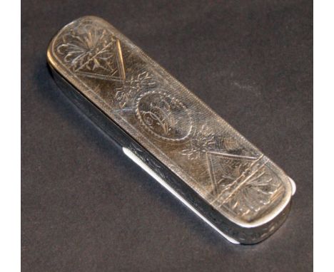 Unusual Georgian silver snuff box with hinged cover and chased detail throughout. Birmingham assay, 1801. Maker indistinct