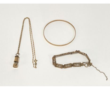 A 9ct gold bangle, bracelet and miners lamp charm and necklace, weight 12.5g