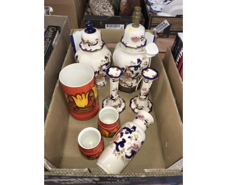 Box of Masons and Poole pottery