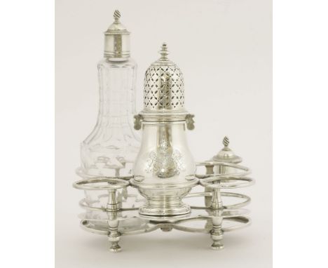 A Queen Anne silver warwick cruet frame,possibly by John Fawdery I, London 1706,of wire work form of two levels on four bun f