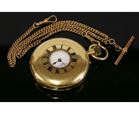 An 18ct gold half hunter pocket watch,by E F Ashley, 2 Green Terrace, Clerkenwell, the case 49mm diameter, blue enamel chapte