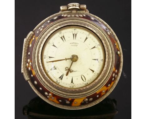 A sterling silver tortoiseshell piqué key wound triple cased pocket watch,by Edward Prior, London.  The tortoiseshell piqué w