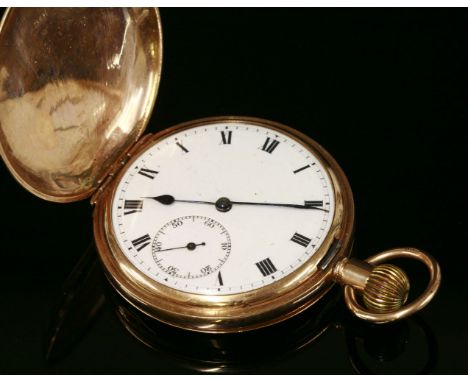 A 9ct gold hunter pocket watch,with a plain polished case, 48mm diameter.  White enamel dial, black Roman numerals, subsidiar