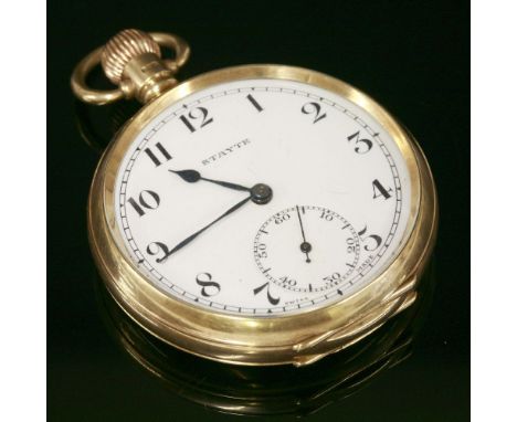 A 9ct gold open-faced top wind pocket watch,dial signed 'Stayte'.  The case 49mm diameter, white enamel dial, black Arabic nu