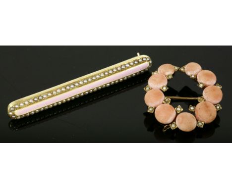 An American enamel and split pearl gold bar brooch,with a central line of pink enamel to a border of split pearls, marked 14K