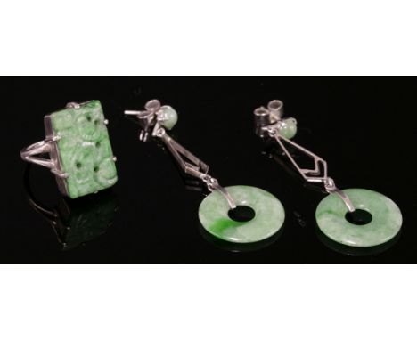 A pair of Art Deco jade drop earrings,with a circular cabochon jade, four claw set to the top, a flat wire section open kite 