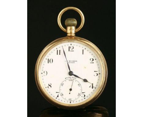 A 9ct gold open-faced pocket watch,by J W Benson, 49mm diameter, white enamel dial, black Arabic numerals, subsidiary seconds